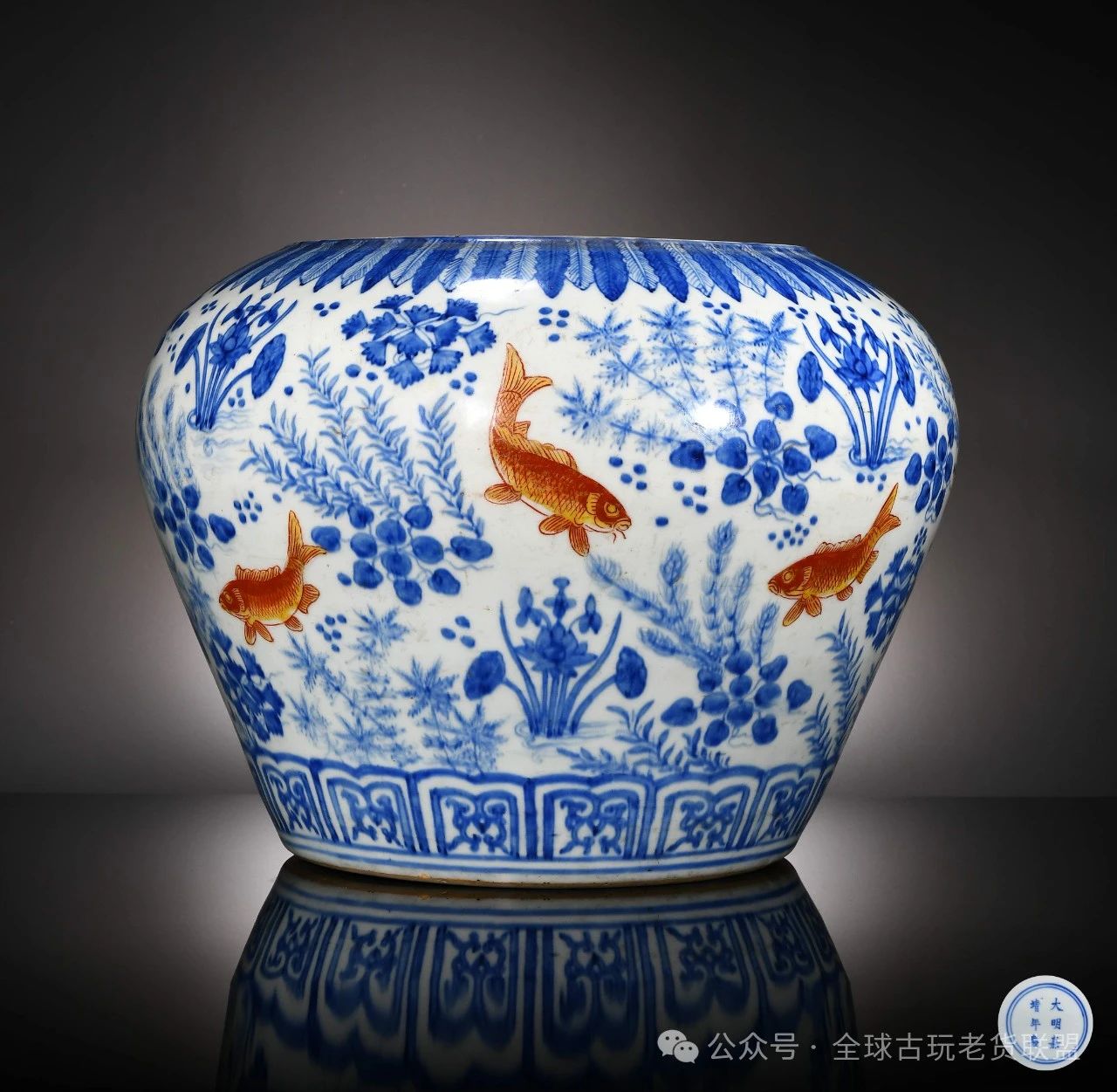 明嘉靖青花黄上红五彩鱼藻纹大罐（80-120万）-清华雅集